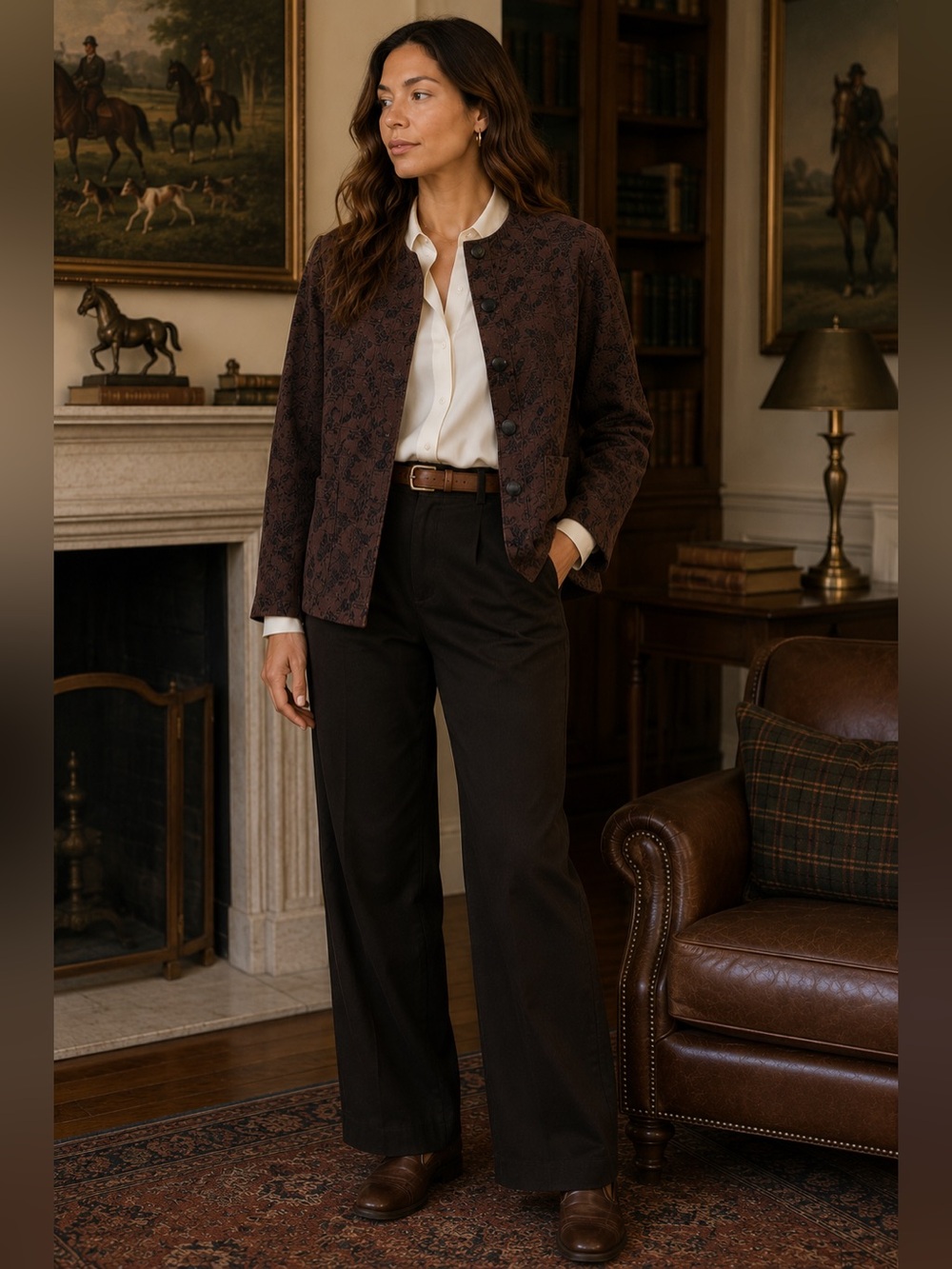Vintage Jacquard Jacket Brown Black Button Front Blazer Medium